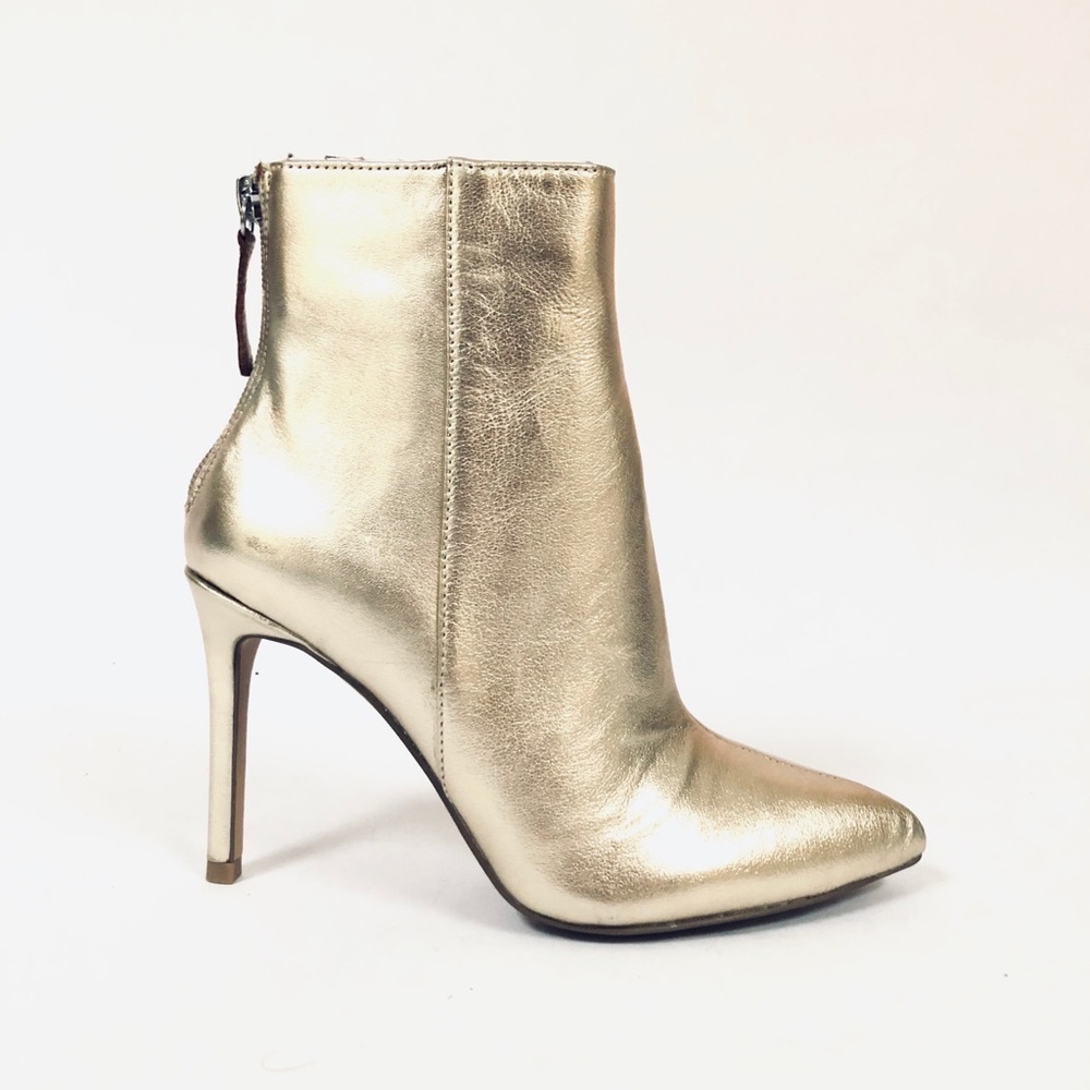 Aqua Pointed Toe Gold Leather Ankle Booties